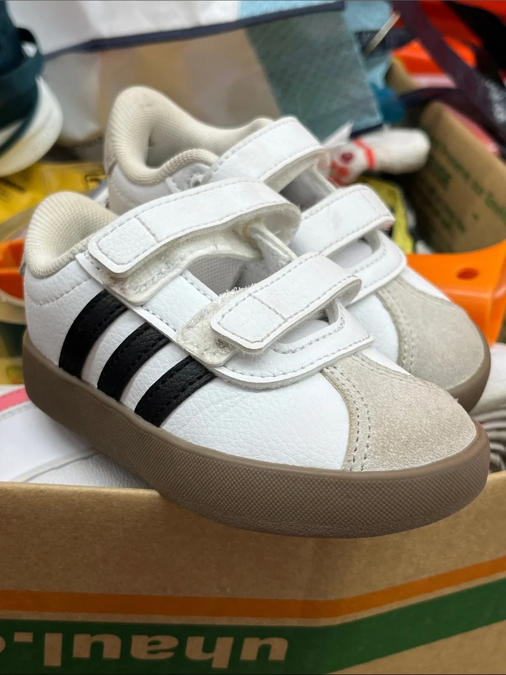adidas Kids White and Beige Velcro Sneakers with Brown Outsole